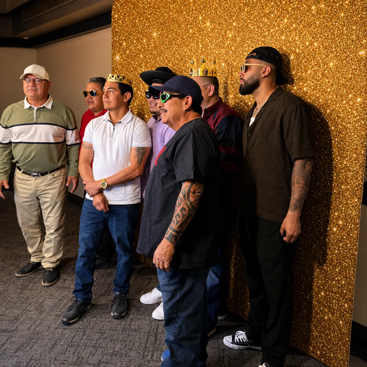 Group candid with novelty props against a gold glitter backdrop
