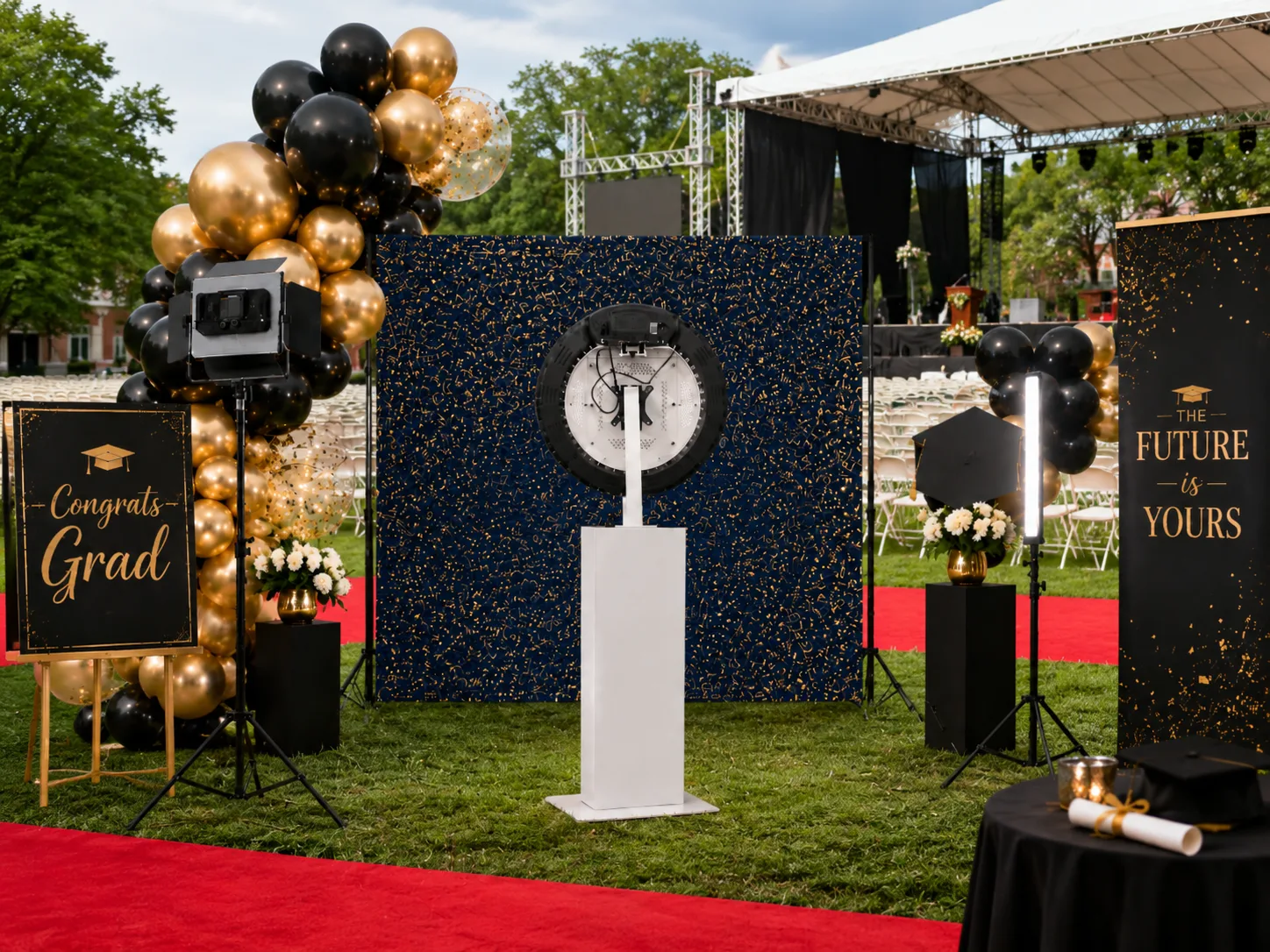 Graduation party mirror photo booth with navy and gold backdrop